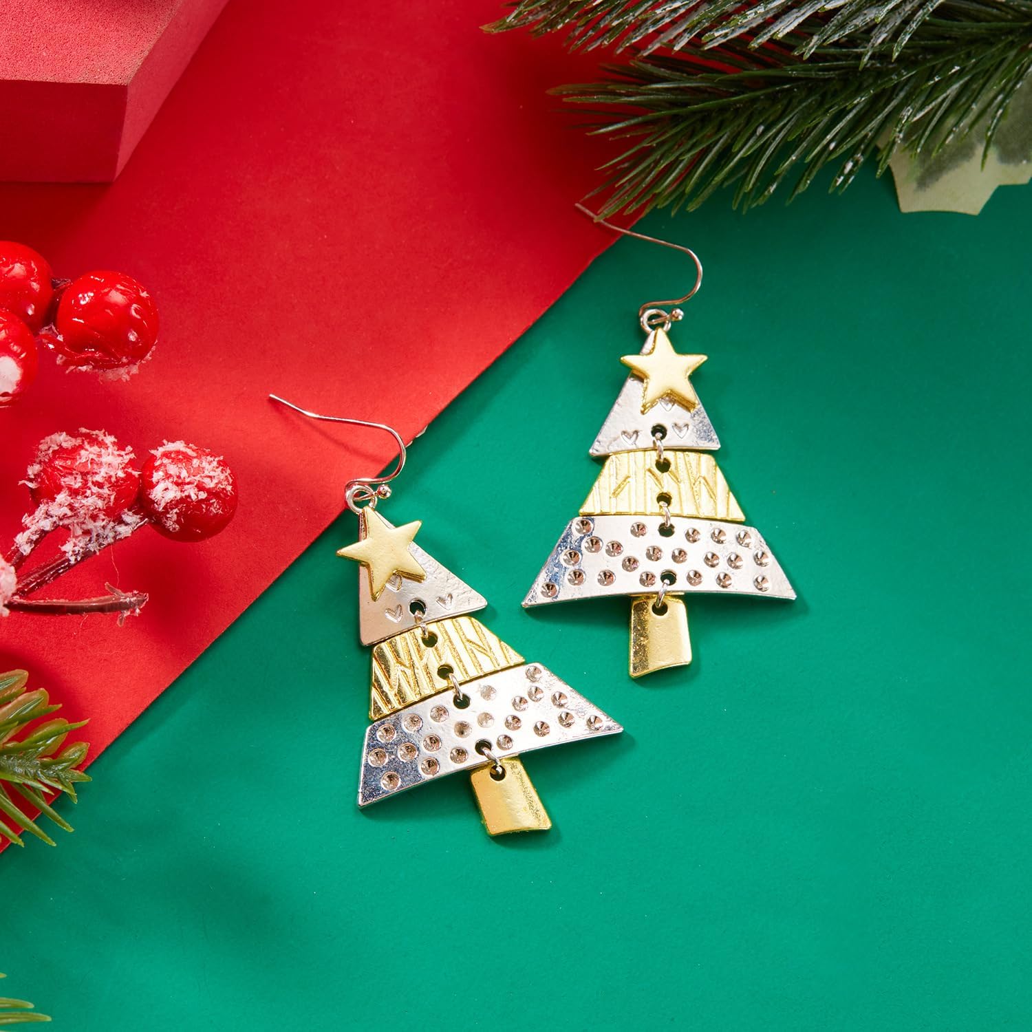 Christmas Tree Earrings for Women Two-Tone Dangle Drop with Star Lightweight Holiday Hook Earrings Festive Statement Jewelry Gift - Image 7