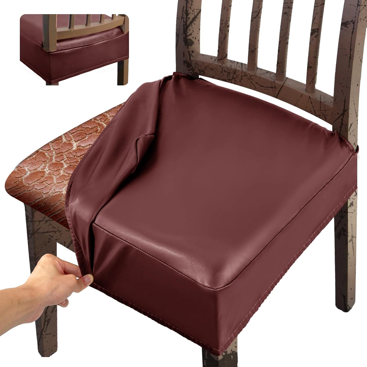 Leather Seat Covers Dining Chairs Waterproof Kitchen Chair Seat Covers set of 4, Wipeable 4-Sided Super Elastic PU Chair Covers Dining Chairs for Dining/Kitchen Room and Dust Resistant(Red, 4PCS)