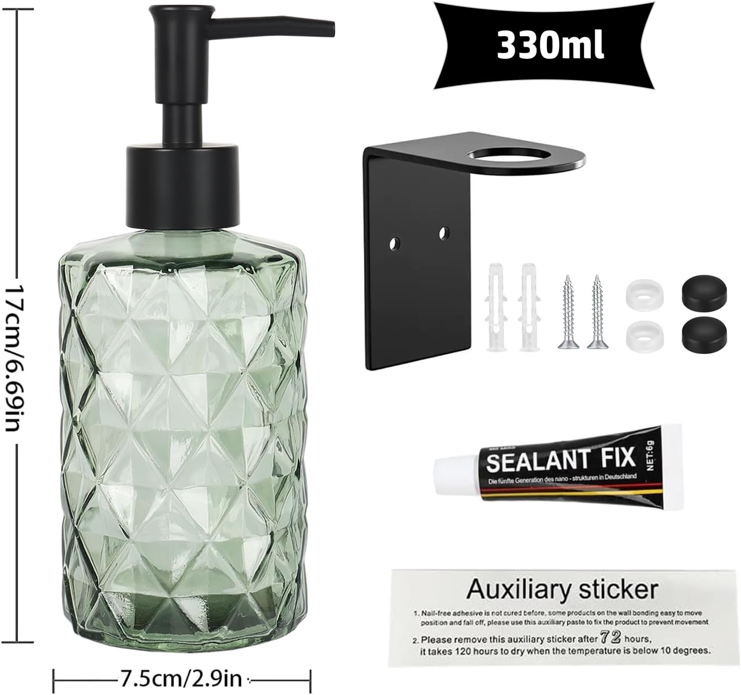 Green Glass Soap Dispenser, 11oz Clear Shampoo Dispenser for Wall Mount