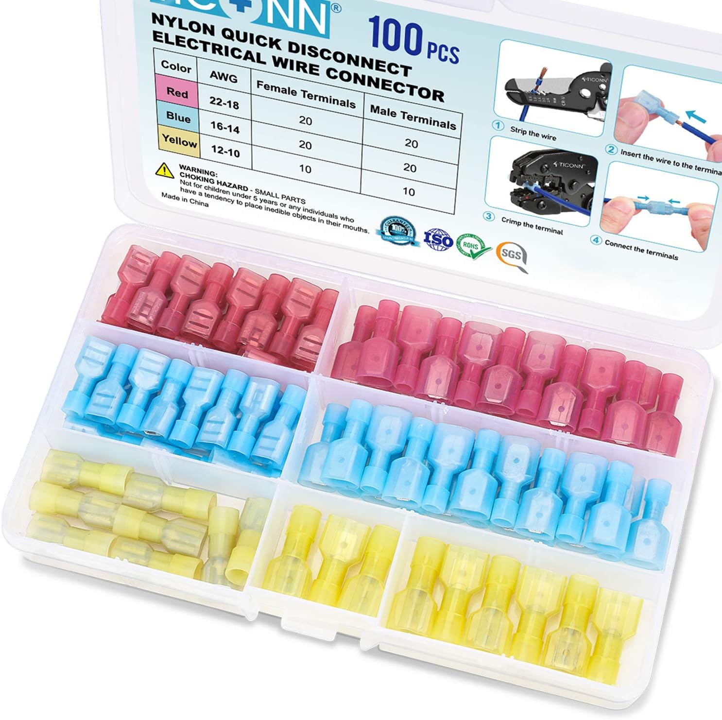 TICONN 100 Pcs Nylon Spade Connector Kit, Insulated Crimp Wire Connectors