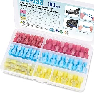 TICONN 100pcs Nylon Insulated Spade Connectors Kit - Male/Female Quick Disconnect Terminals AWG 22-10
