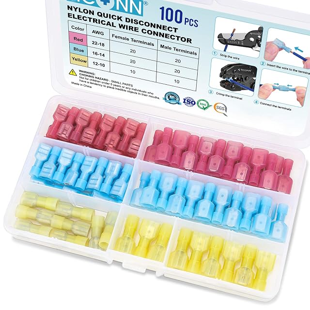 TICONN 100 Pcs Nylon Spade Quick Disconnect Connectors Kit Electrical Insulated Terminals Male and Female Spade Wire Crimp