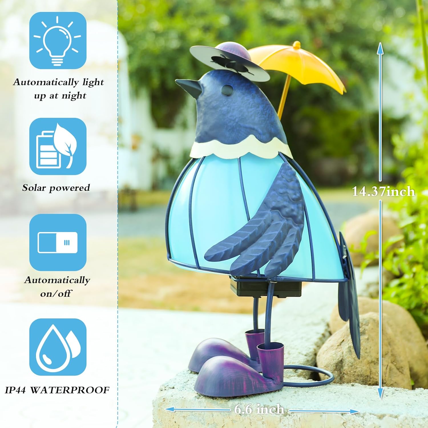 MUMTOP Solar Outdoor Lights Garden Decor, Cute Bluebirds Waterproof Solar Powered LED Light Metal Bird Holding Yellow Umbrella Yard Art Ornament for Patio Outside Lawn Backyard Balcony Decorations