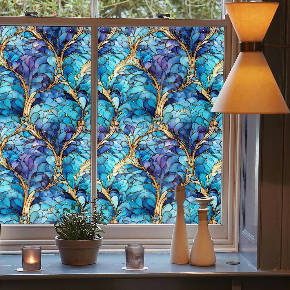 16“x118 Blue Stained Glass Flower Double Side Window Films Art Decorative Window Privacy Tinting Film Self-Adhesive Static Glass Window Clings Stickers for Living Room Bathroom Glass Windows Decor