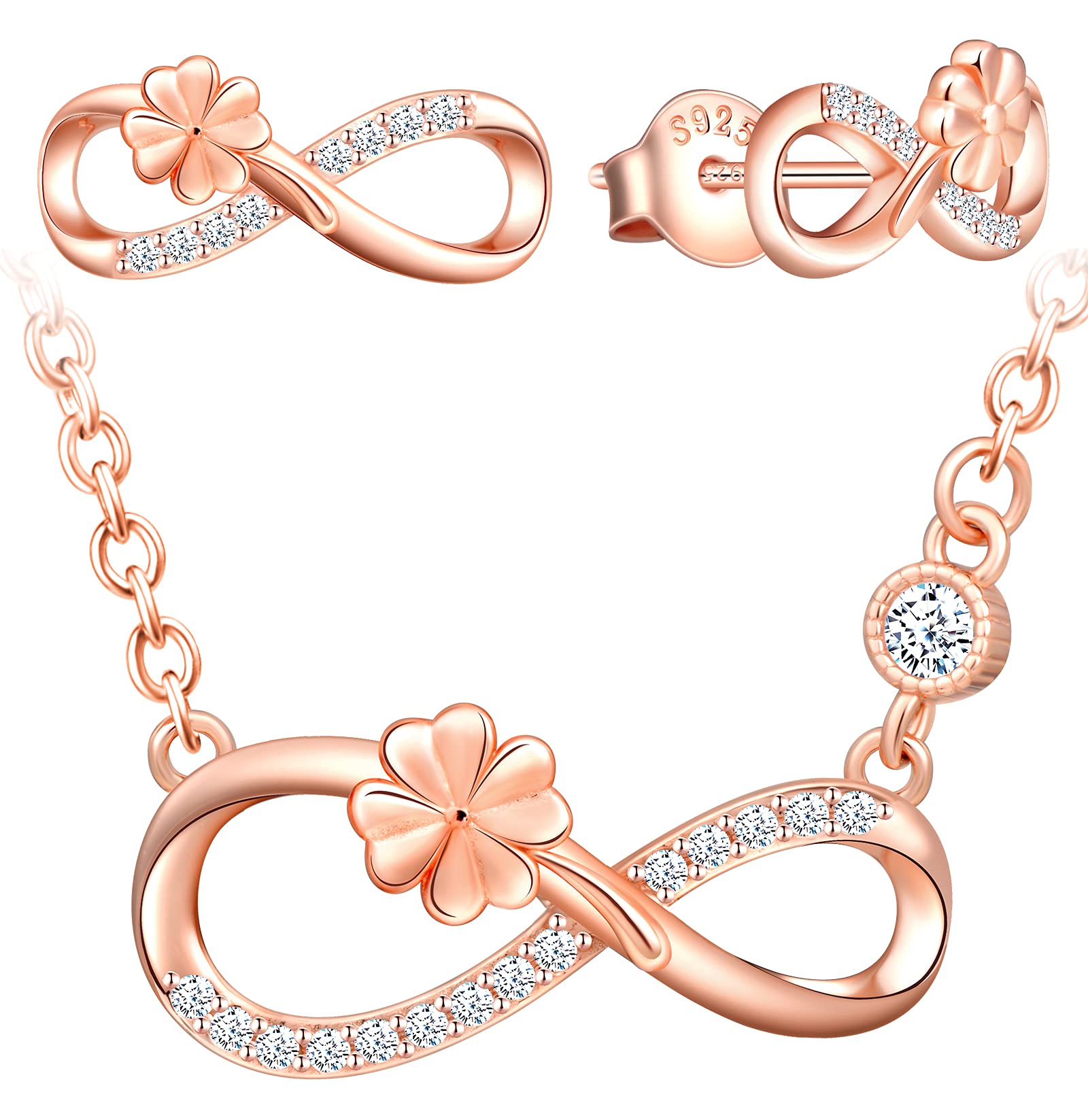 Ensemble De Bijoux Femme Argent 925 - Collier, Bracelet, Boucles D'oreilles Symbole Infini Avec Rose Et Zircon
