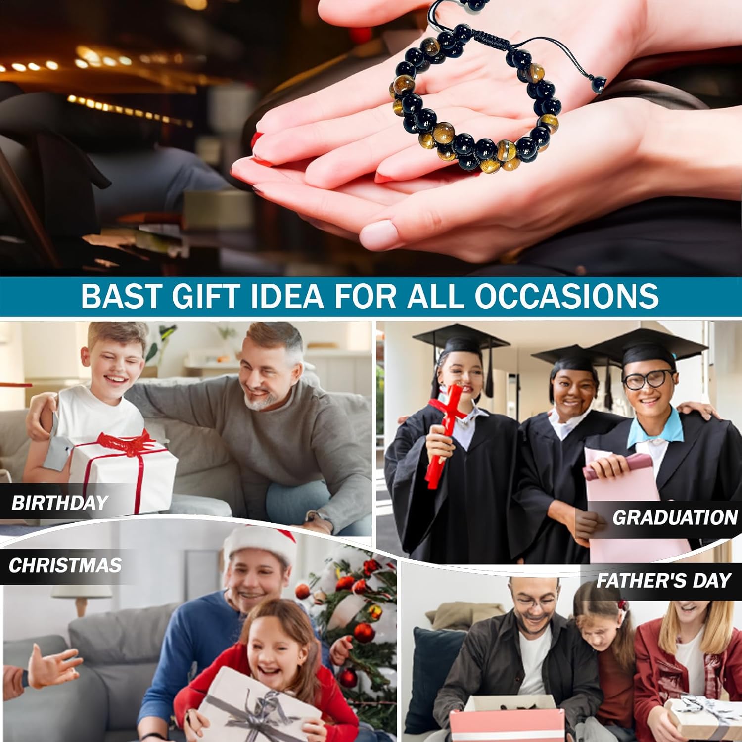 Handmade Double Protection Bracelet - Men & Women's Crystal Bracelet with Tiger Eye, Hematite - 8mm Natural Stone Beads Bring Good Luck, Prosperity, Happiness - Image 7