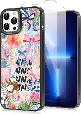Cute Blue Bow Case for iPhone 13 Pro Max 6.7, Bowknot Aesthetic Pattern Phone Cover Soft Silicone Shockproof Protective Bumper Cover for Women Girls with 2-Pack Each Screen Protector, Blue