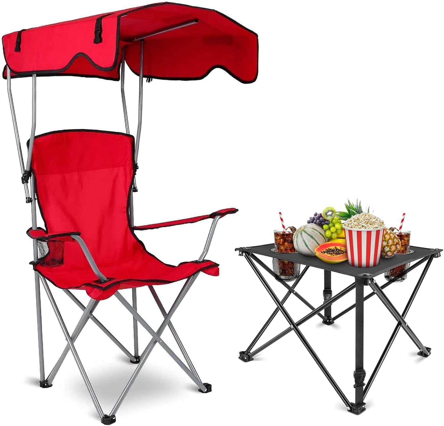 KOCASO Portable Folding Table & Shade Chair Combo – Lightweight, Sturdy, Cup Holders, Tool-Free Setup for Beach, Camping, Outdoors,Ideal for Travel