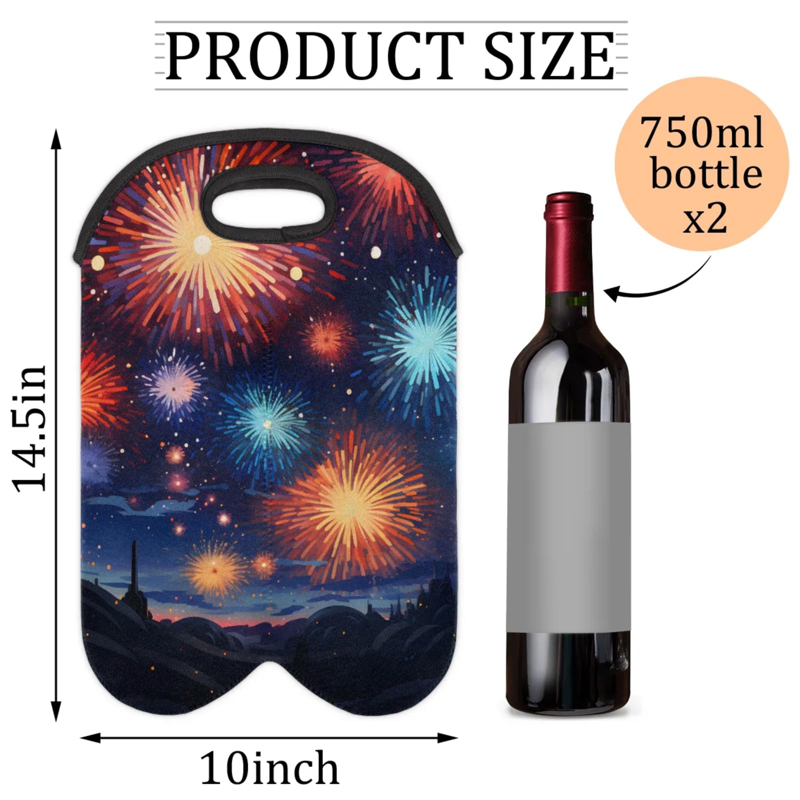 GzLeyigou 2 Bottles City Fireworks Wine Bag Sleeve Totes Neoprene Protective Wine Carrier Bag for Wine,Water, Champagne, Beer, Baby Bottles,Gift 14.5 x 10 Inches