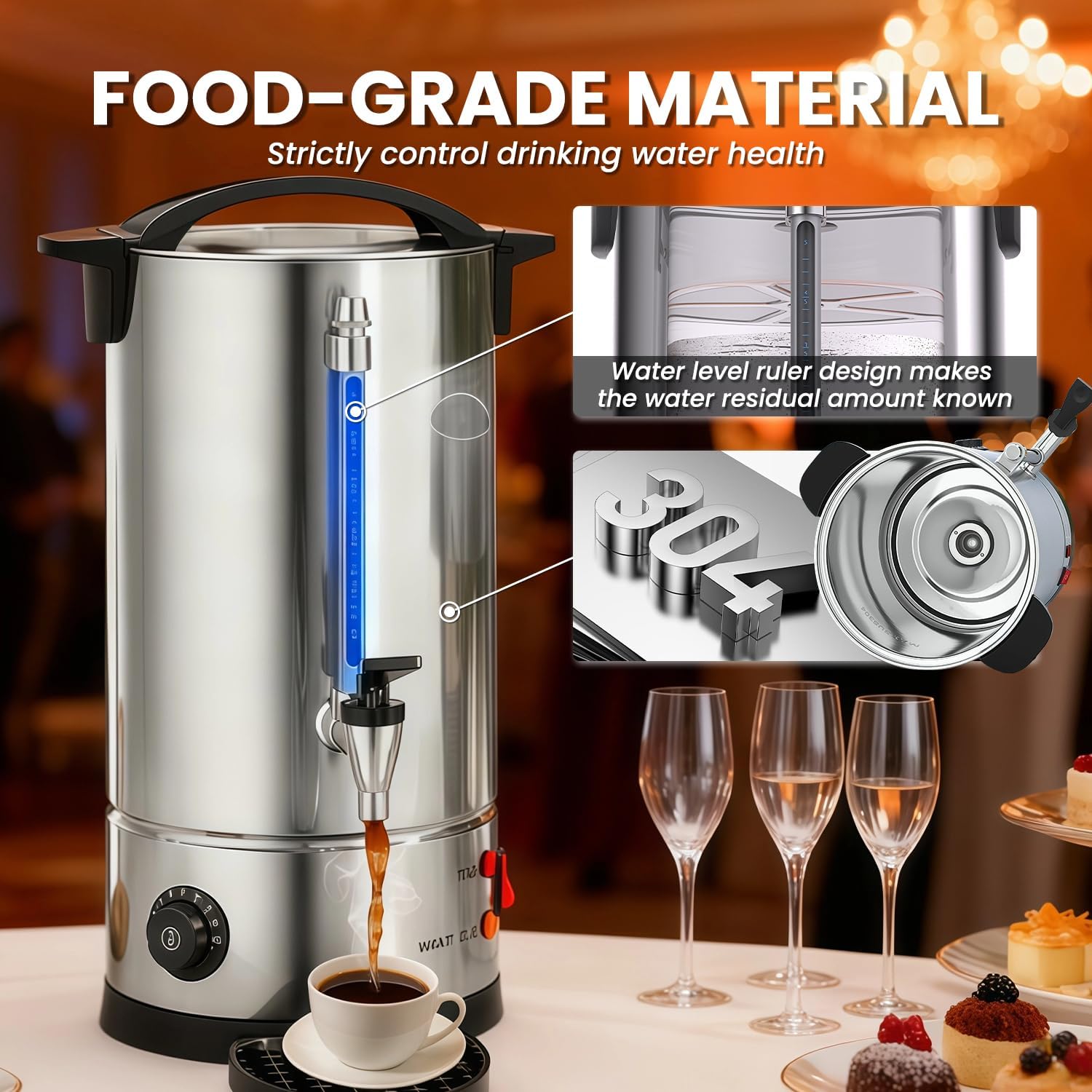 Commercial Coffee Urns, 160 Cups/25L Coffee Maker with Keep-Warm Function, Hot Beverage Dispenser, Electric Hot Water Urn Stainless Steel, for Events, Offices, Parties, Catering (160 Cup)