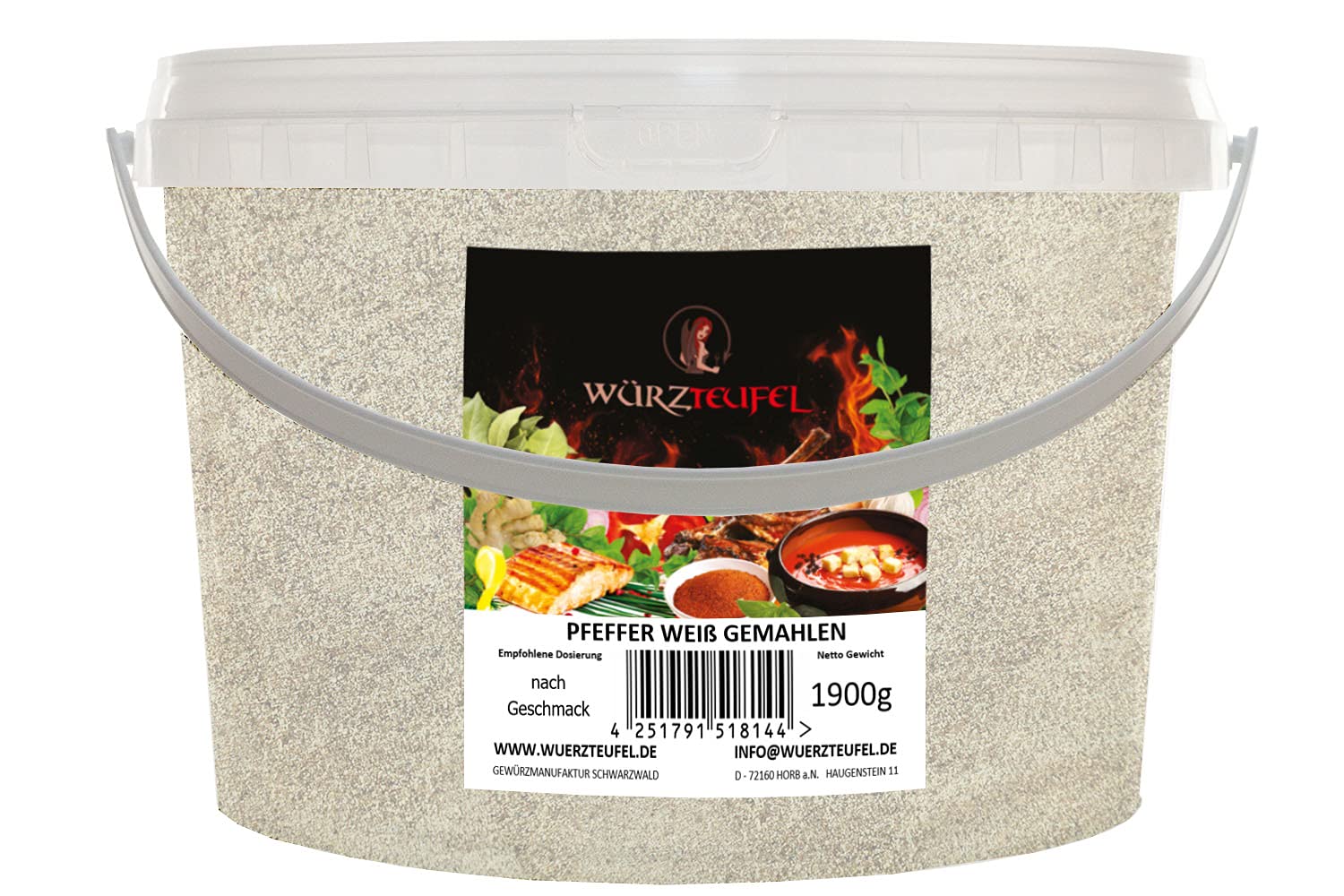 Pimienta blanca, finamente molida, reduce los gérmenes. Calidad premium de Indonesia. Cubo de polietileno de 1900 g (1,9 kg).
