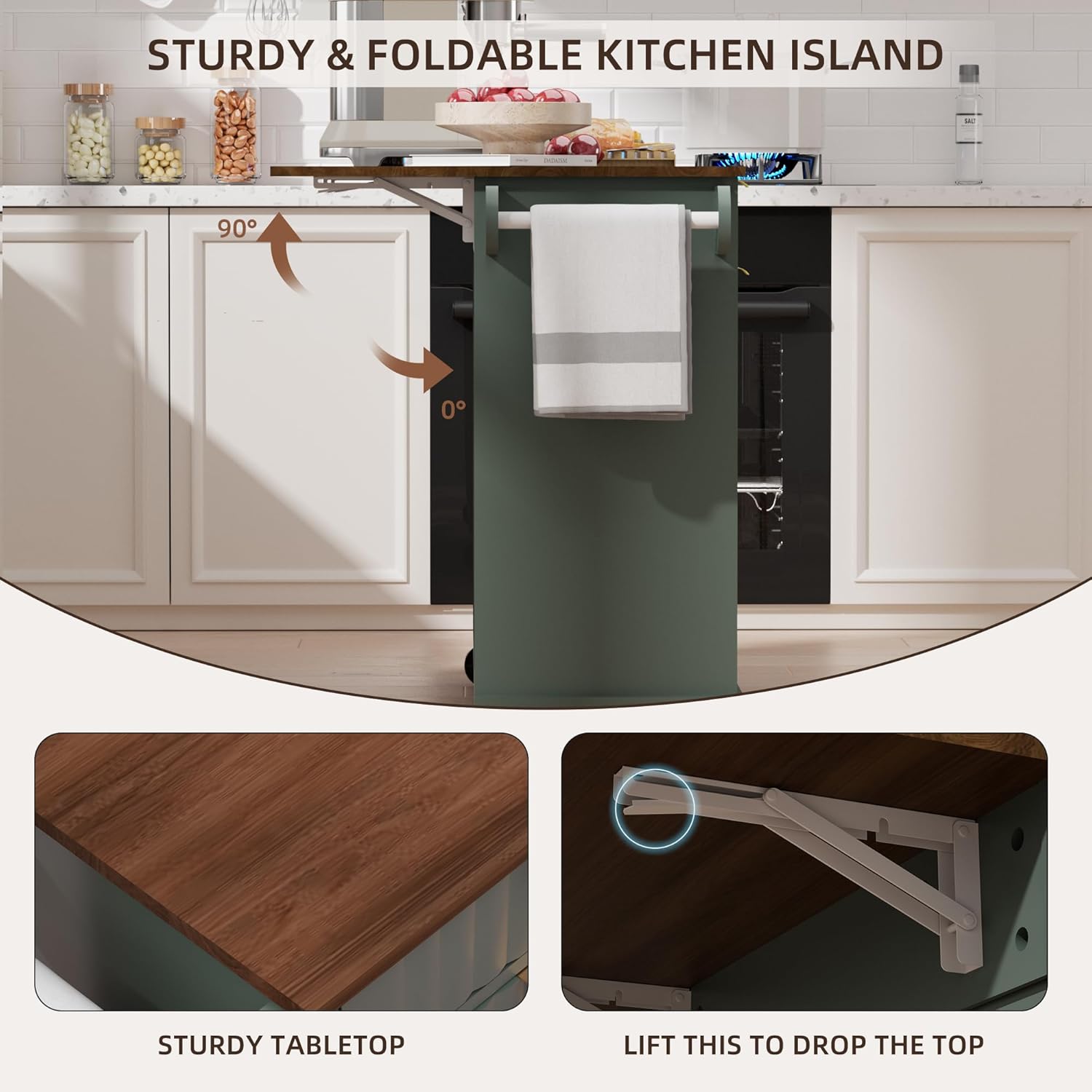47" Kitchen Island with Wavy Door, Hidden Trash Storage & Drop-Leaf Countertop, Rolling Kitchen Cart with Spice Rack, Drawers and Locking Wheels, Mobile Island Table for Kitchen, Green