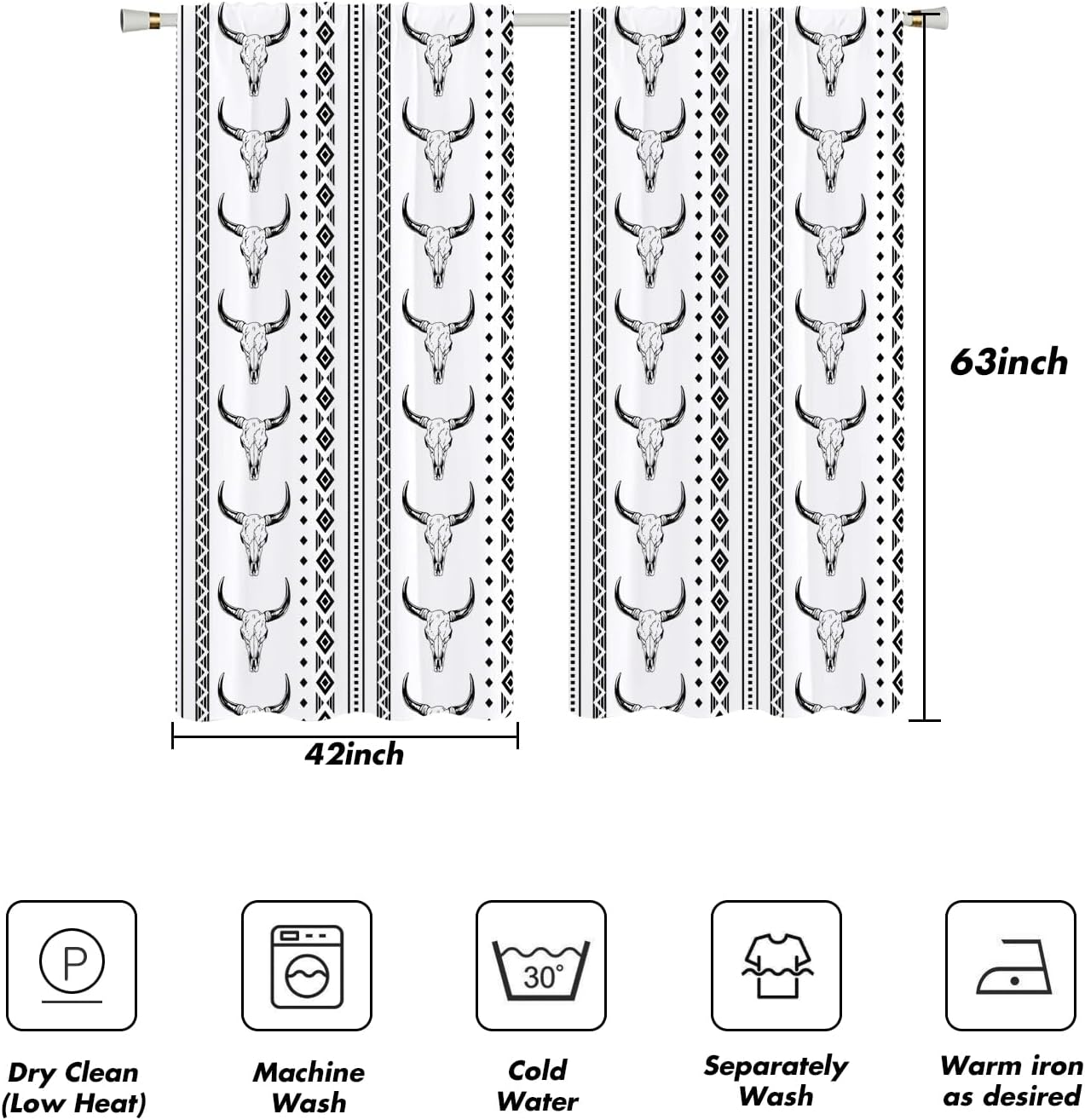 Western Curtains 42" W x 63" L Aztec Tribal Bull Skull Printed Boho Tribal Ethnic Man Living Room Bedroom Window Drapes Treatment Fabric 1 Pair
