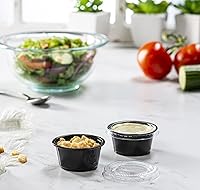 Vista 2 de 2 oz – 100 juegos de tazas de plástico sumergibles negras con tapas, pequeños recipientes para control de porciones, chupitos de gelatina