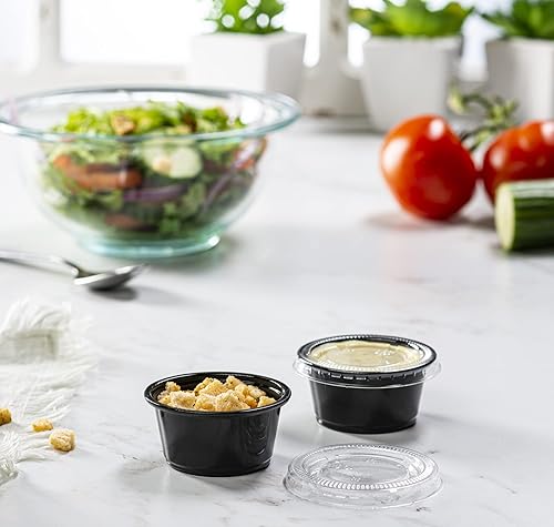 Miniatura 9 de 1 oz  100 juegos Vasos de plástico sumergibles negros con tapas, pequeños recipientes para control de porciones, chupitos de gelatina, preparación