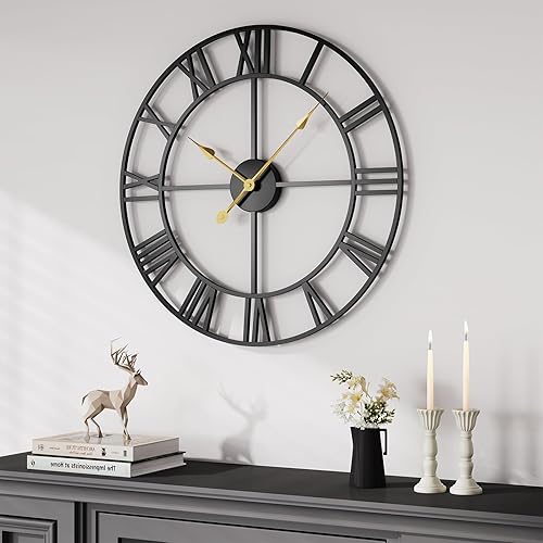 Miniatura 45 de Reloj de pared de 24 pulgadas, relojes de pared grandes para sala de estar, reloj redondo de metal decorativo, funciona con pilas, silencioso, sin