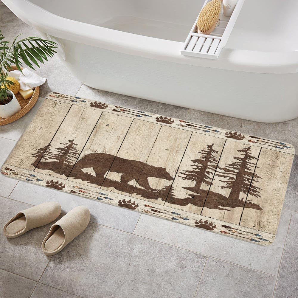DYNH Rustic Bear Mountain Bath Mat for Bathroom, Wild Animals Rustic Cabin Forest Floor Rugs Mats Non Slip Bathroom Wooden Board Decor Accessories 19X31 Inches Kitchen Bedroom Indoor