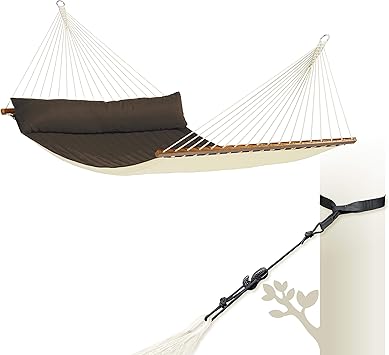 LA SIESTA Alabama Quilted Hammock with Spreader Bar & TreeMount, Fabric Tree Hammock with Tree Straps for Beams Posts - Weatherproof Outdoor Hammock - 2 Person Double Hammock Bed - XL King, Arabica