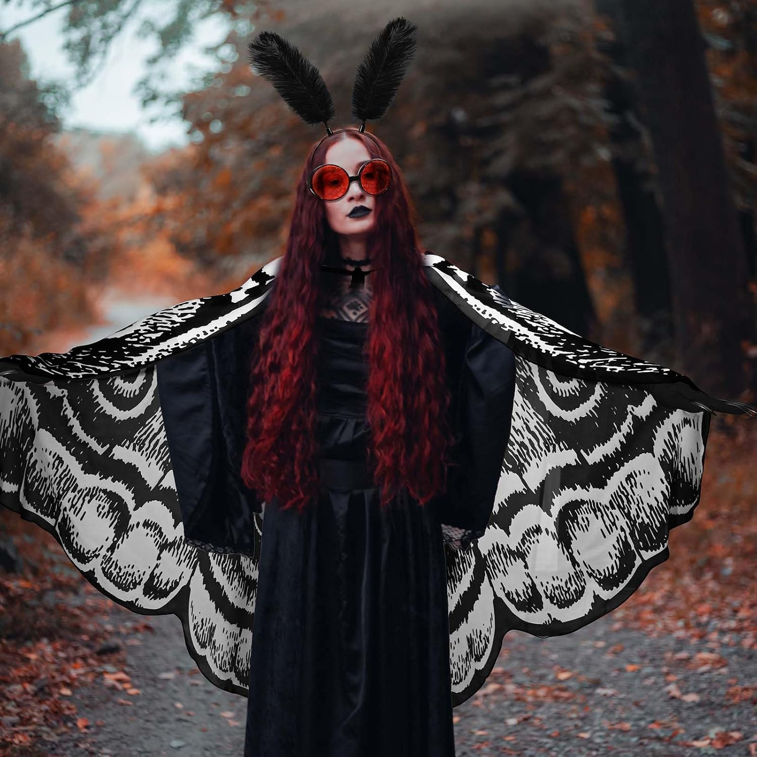 JcHrmers 4 Pcs Mothman Costume Accessories Antenna Feather Headband Moth Wing Cape Paw Gloves Glasses for Adult Women Halloween Cosplay