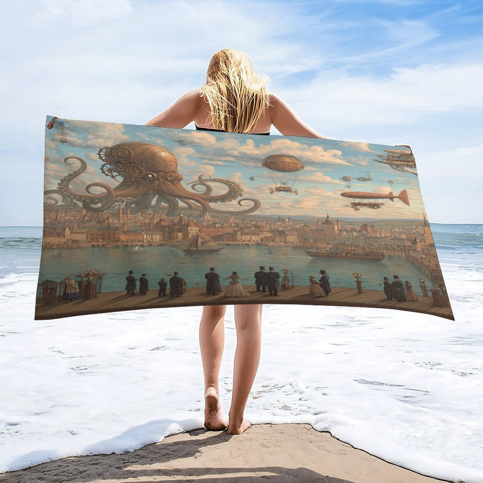 LUYYSKY Cool Realistic Sea Octopus Quick-Drying Beach Towel, Classic Steampunk Art Nautical Ocean Animal Octopus Hot Air Balloon Travel Vacation Single Sided Pile Bathroom Towels-80 W cm x 160" L cm