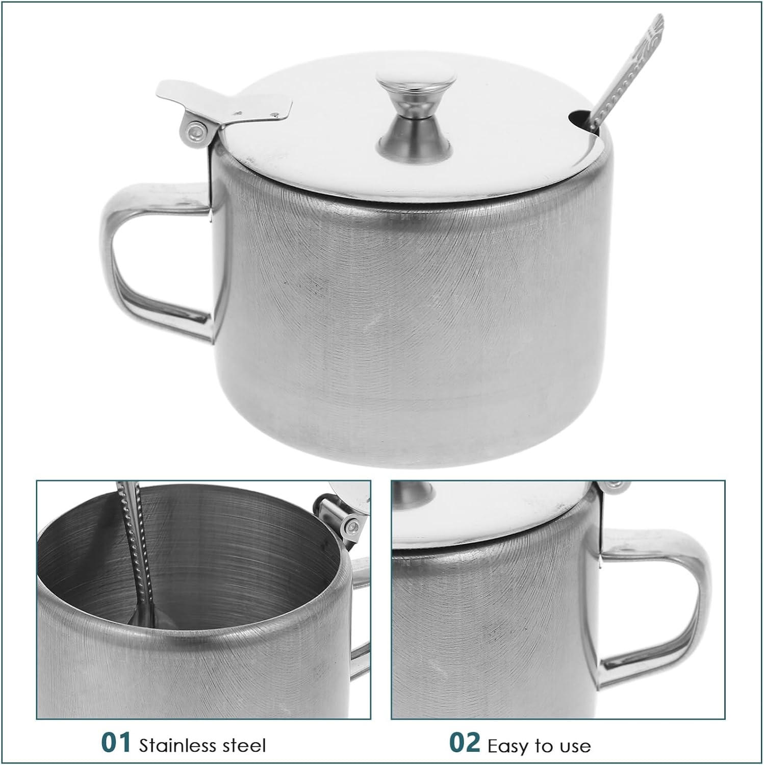 Hemoton Stainless Steel Seasoning Jar with Lid and Spoon 2.56 Inch Round Sugar Container with Handle for Kitchen Dining and Entertaining