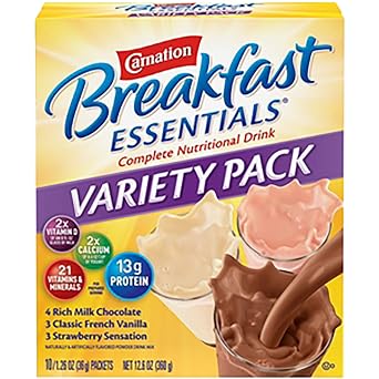 Carnation Breakfast Essentials Powder Drink Mix Variety Pack, Complete Nutritional Drink, 10 Count Box of 1.26 oz Packets (Pack of 2)