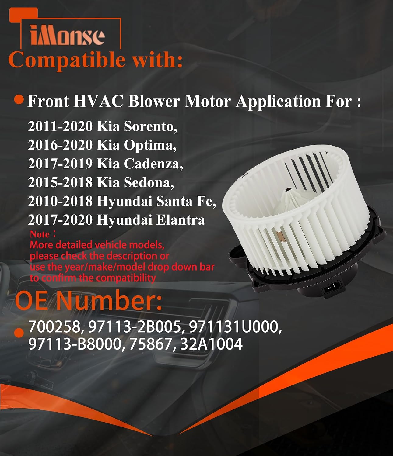 AC Blower Motor 700258 for Kia Optima 2016-20, Sedona 2015-18, Cadenza 2017-20, Sorento 2011-20, Hyundai Elantra 2017-20, Santa Fe 2010-18, Santa Fe Sport 2013-18, Santa Fe XL 2019 971131U000