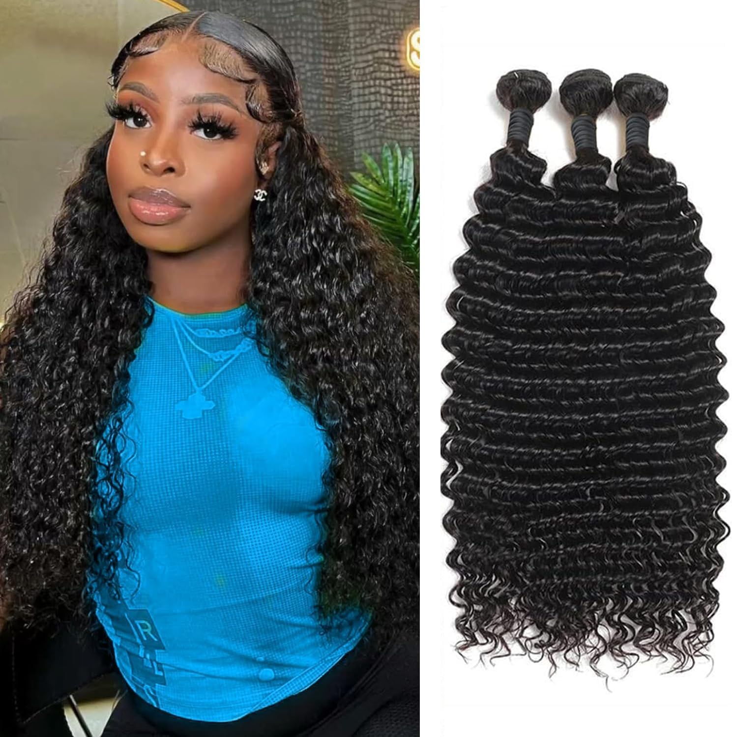 Extensiones de Cabello Humano Rizado 24 24 24Inch Deep Wave Human Hair Bundles Pelo de Cabello Brasileño Rizado Natural 3 paquetes 70g/pc Total 210g