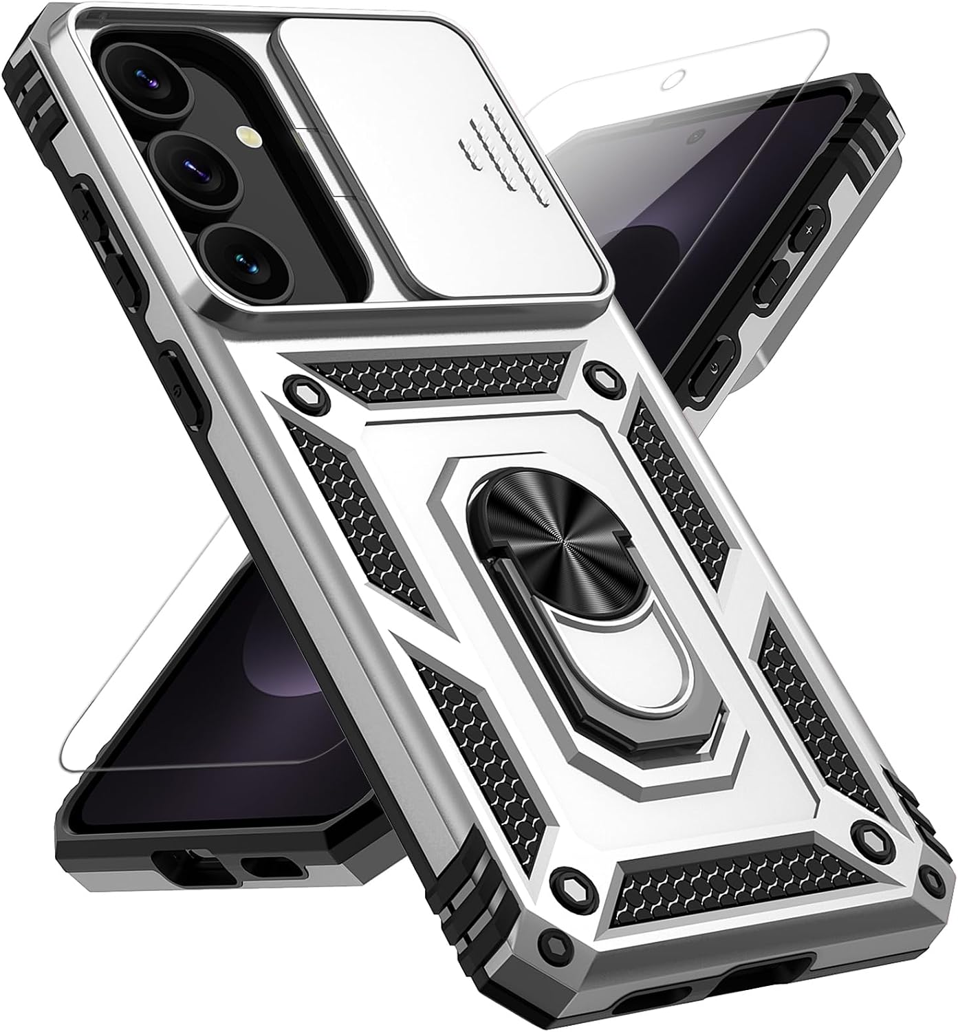 for Samsung Galaxy S26 FE Case, with Slide Camera Cover HD Screen Protector [Military Grade 16ft. Drop Tested] Ring Holder Kickstand Protective Phone Case for Samsung Galaxy S26 FE, Silver