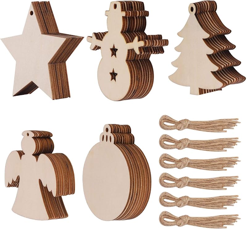 50 Pcs Unfinished Paintable Blank Wooden Christmas Festival Decoration Ornaments, Xmas Tree Hanging Wood Slices for Kids DIY Art Crafts, 5 Designs-Christmas Tree, Snowman, Stars, Angel, Round