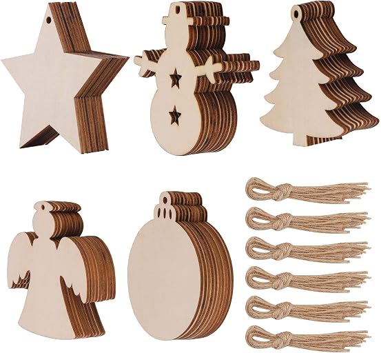 50 Pcs Unfinished Paintable Blank Wooden Christmas Festival Decoration Ornaments, Xmas Tree Hanging Wood Slices for Kids DIY Art Crafts, 5 Designs-Christmas Tree, Snowman, Stars, Angel, Round