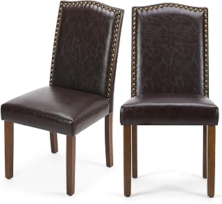 DUMOS Dining Chairs Set of 2, PU Leather Upholstered Kitchen Chairs with Wooden Legs and Padded Seat, Modern Accent Chair for Dining Room, Kitchen, Living Room, Restaurant, Brown