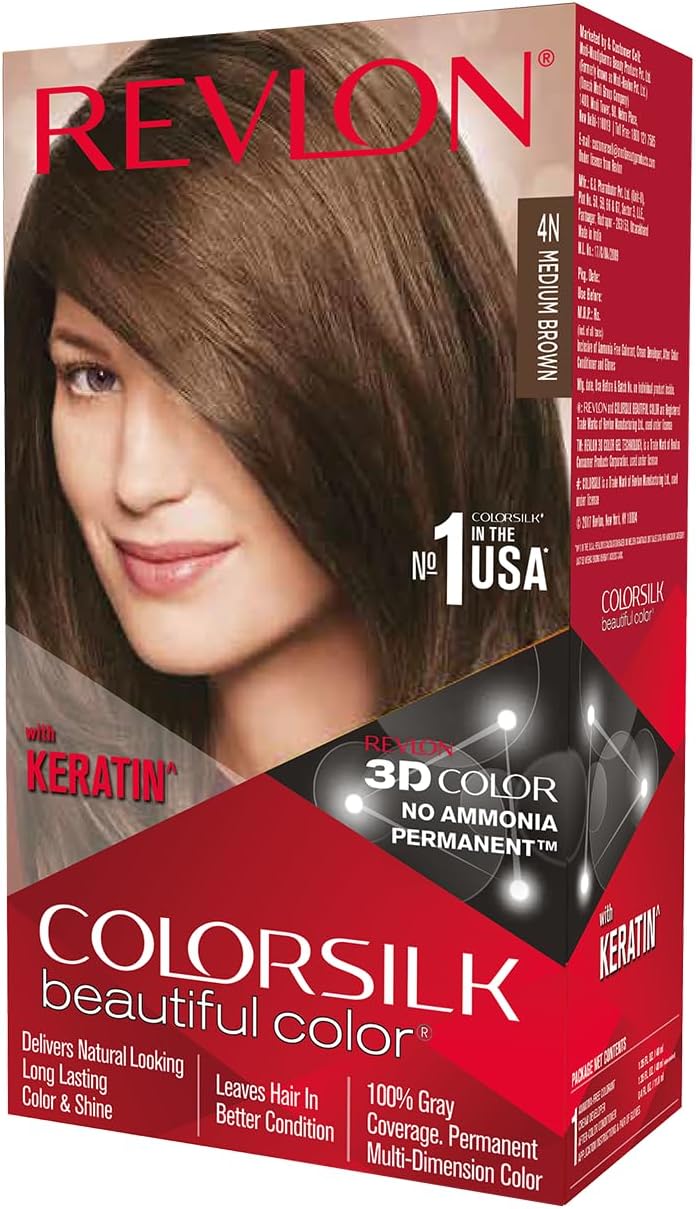 ColorSilk Permanent Hair Color For Women, Salon Perfect Hair Colour at Home with 100% Grey Coverage | Pro-Keratin & No Ammonia | Up to 8 Weeks of Colour | Shade - Medium Brown 4N (Pack of 1)