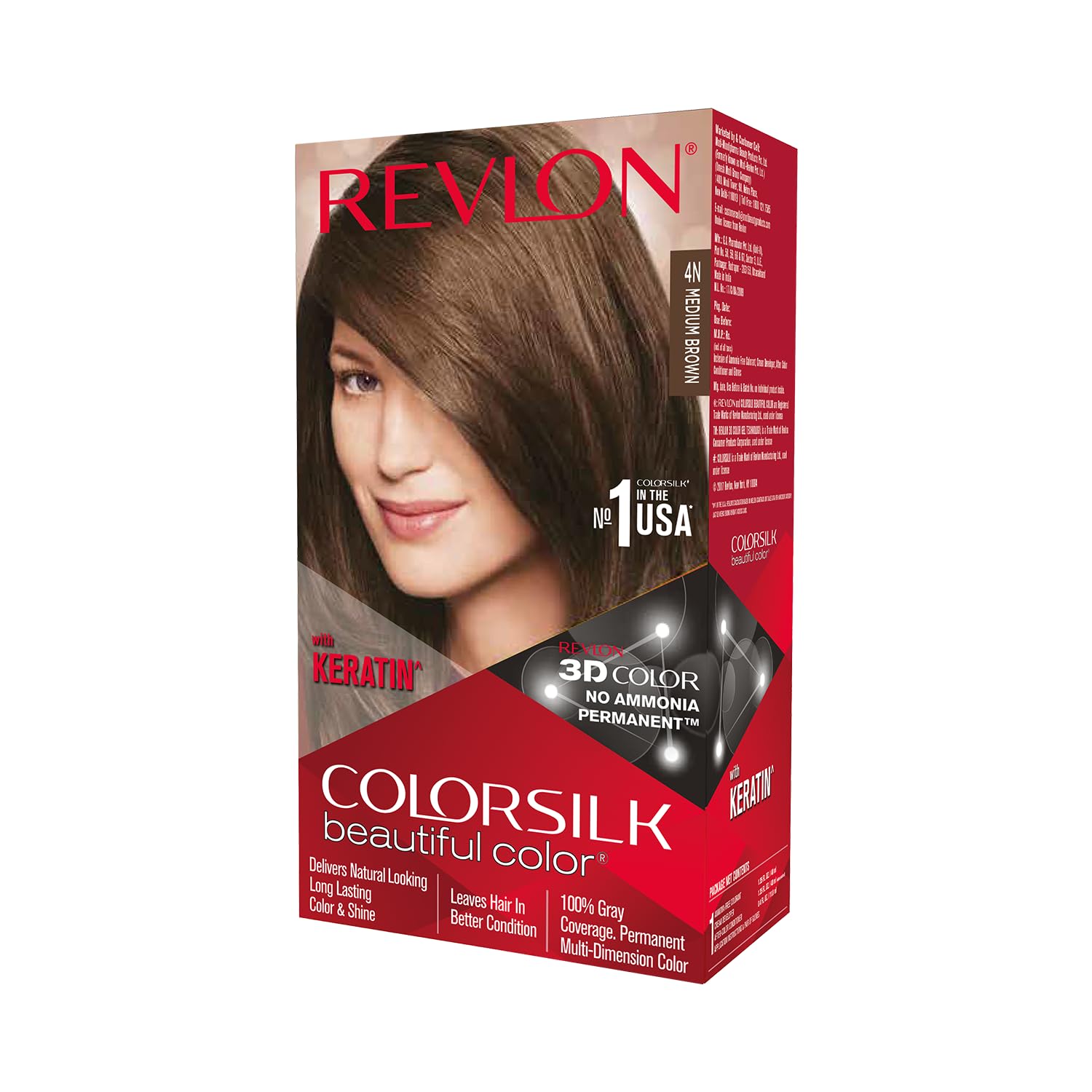 ColorSilk Permanent Hair Color For Women, Salon Perfect Hair Colour at Home with 100% Grey Coverage | Pro-Keratin & No Ammonia | Up to 8 Weeks of Colour | Shade - Medium Brown 4N (Pack of 1)