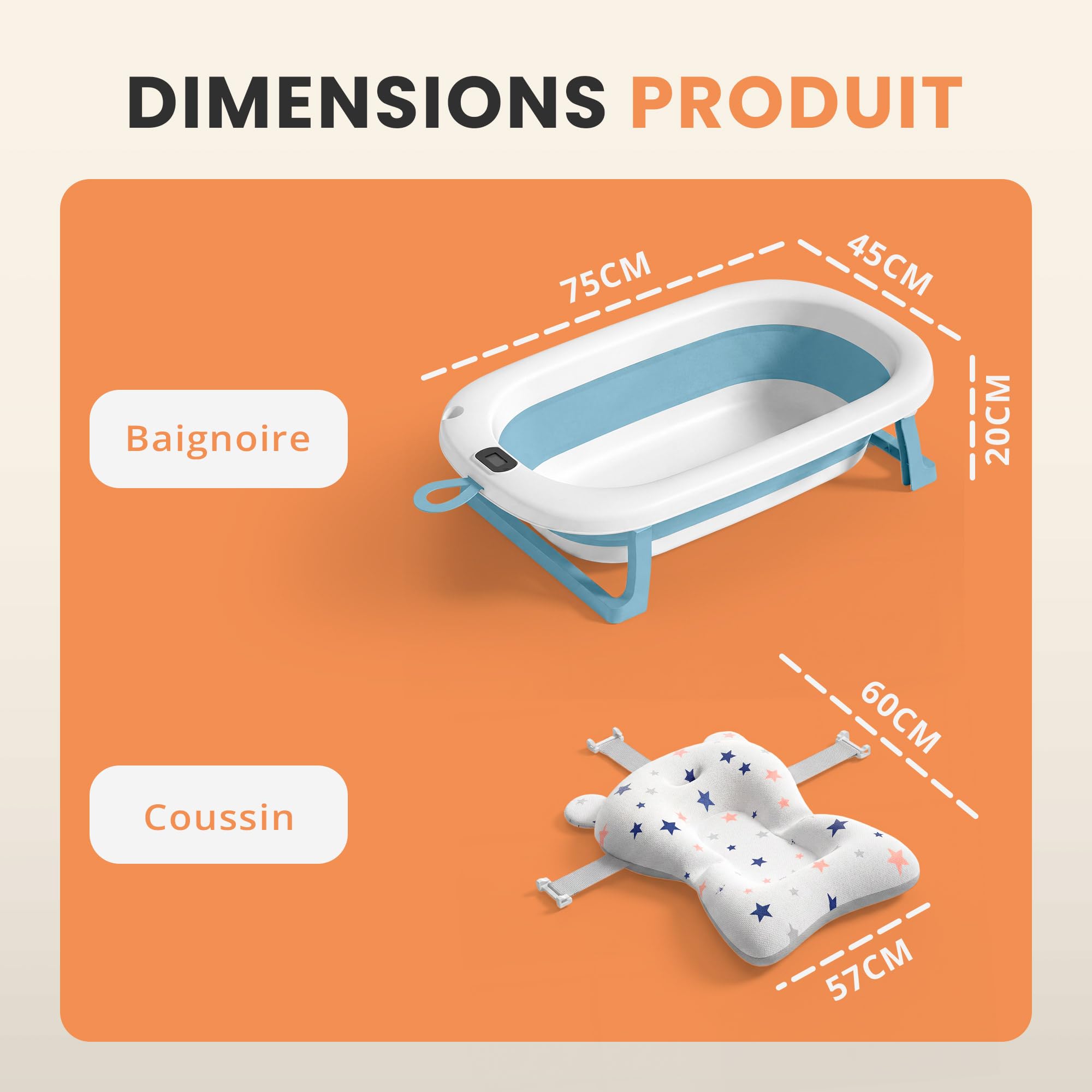JUPPLIES Baignoire Pliable Bébé avec Coussin Ergonomique et Thermomètre Digital – 75x45x20 cm Bleu