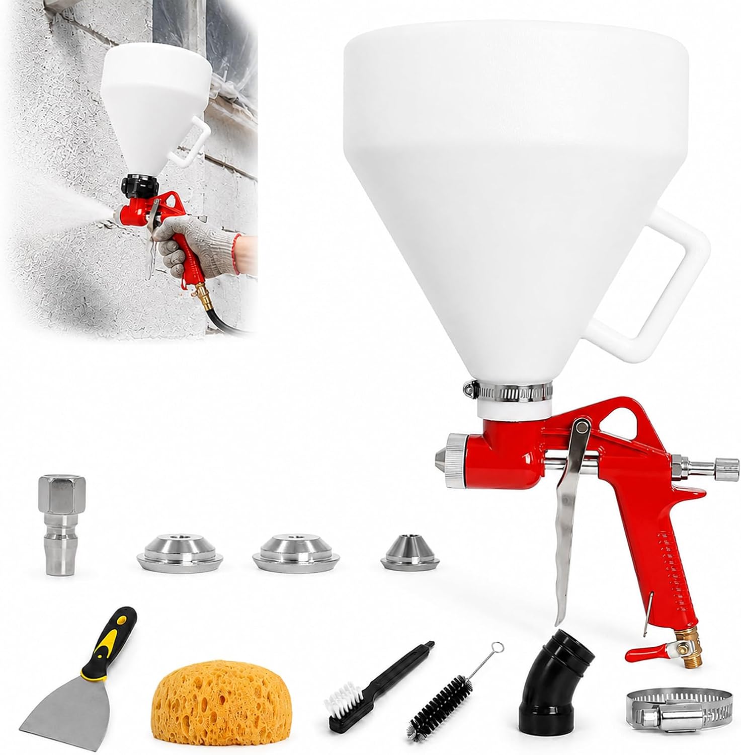 Drywall Texture Sprayer Hopper Spray Gun 1.5 Gallon for Wall | Popcorn Ceiling Sprayer Orange Peel Texture Sprayer for Ceiling Finishig with 3 Nozzles (4.5mm/6.0mm/8.0mm) and Elbow Hose