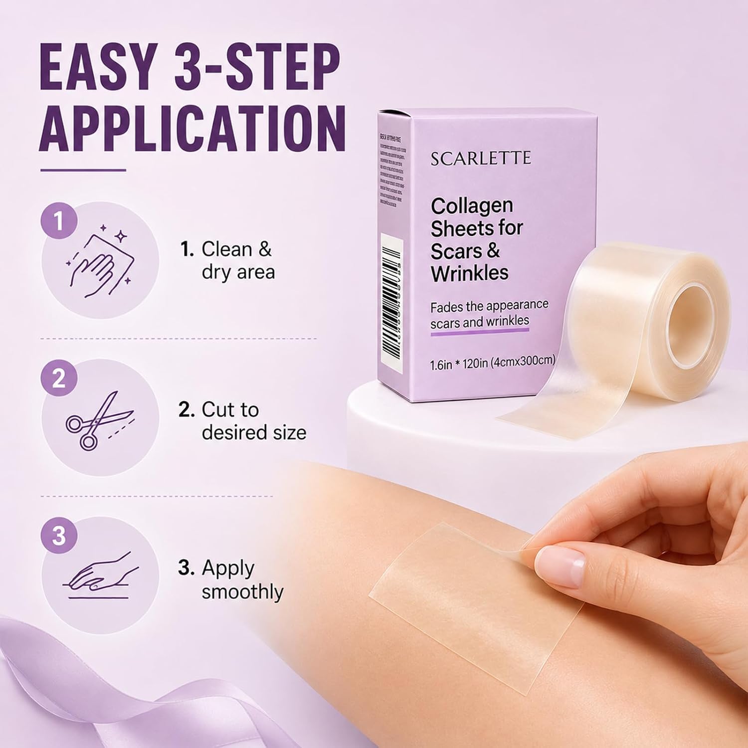 Scarlette Collagen Tape, Silicone Scar Tape, 1.6”x 120" Roll (1PCS) | Scarlette Collagen Sheets For Scars & Wrinkle, For Various Different Scars And Wrinkles