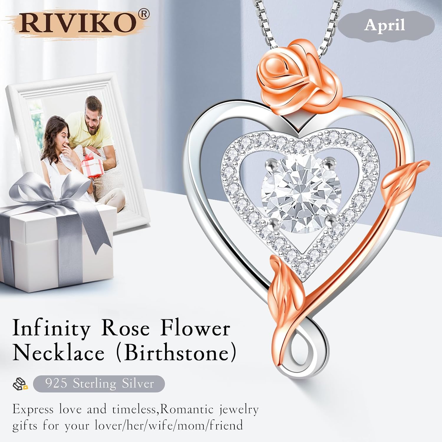 RIVIKO Infinity Heart Symbol Rose Birthstone Necklace for Women,925 Sterling Silver Heart Pendant Necklaces,Anniversary Valentines Jewelry Birthday Mothers Day Gifts for Mom Her Wife Women Girlfriend - Image 2