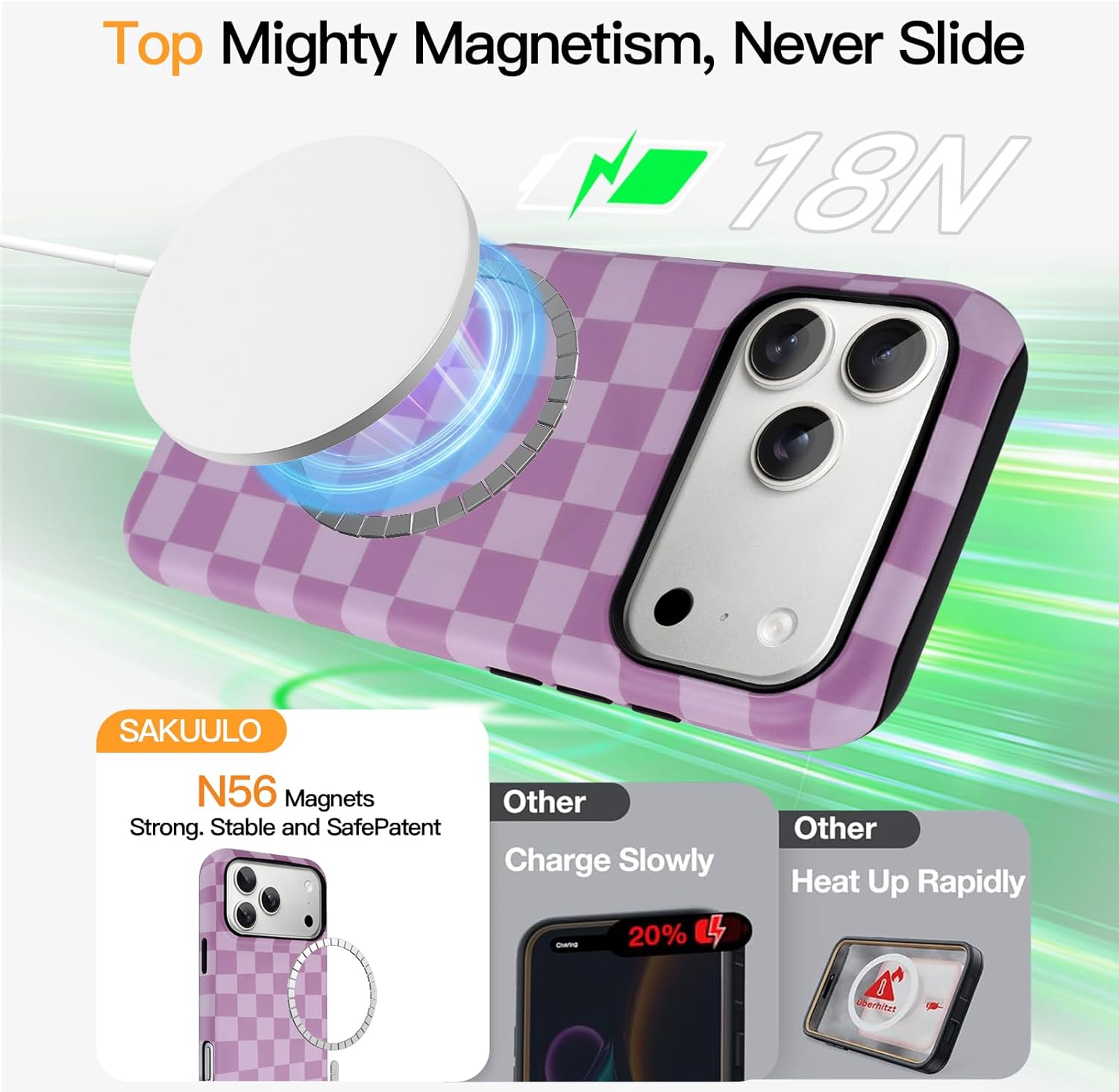 SAKUULO Magnetic for iPhone 17 Pro Max Case (6.9 inchs) Cream Purple Checkmate Print Pattern [Compatible with MagSafe] Wireless Charge Strengthen Protection Cover, Cream Purple Checkmate (6.9")