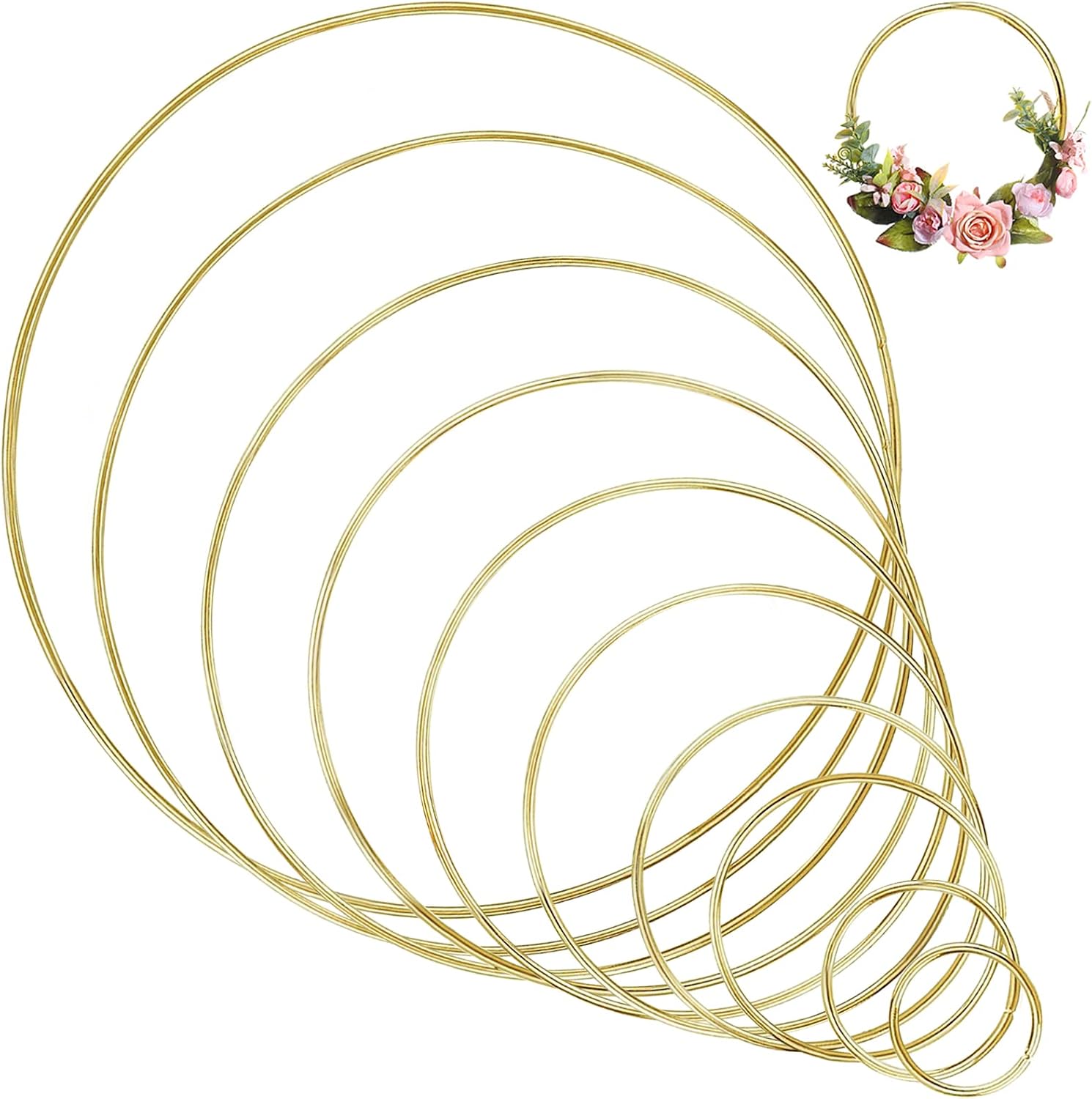 Benvo Metal Craft Hoops Dream Catcher Rings Steel Macrame Rings Floral Hoops for Making Wedding Wreath, Dream-Catchers, Macrame DIY Projects, 10 Pieces in 10 Different Sizes (Gold)