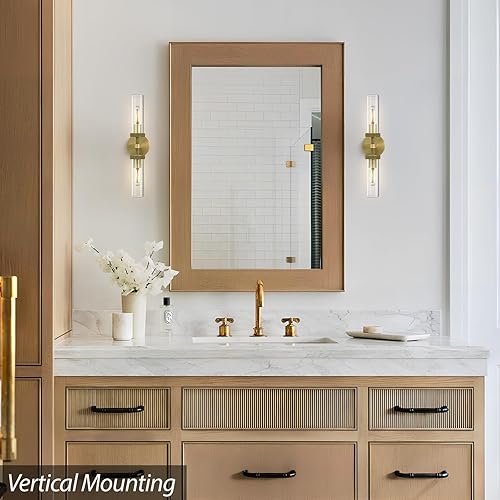 Miniatura 8 de Juego de 2 apliques de pared de latón moleteado, 21 pulgadas, 2 luces, apliques de pared dorados para baño, luces de tocador de vidrio, apliques de