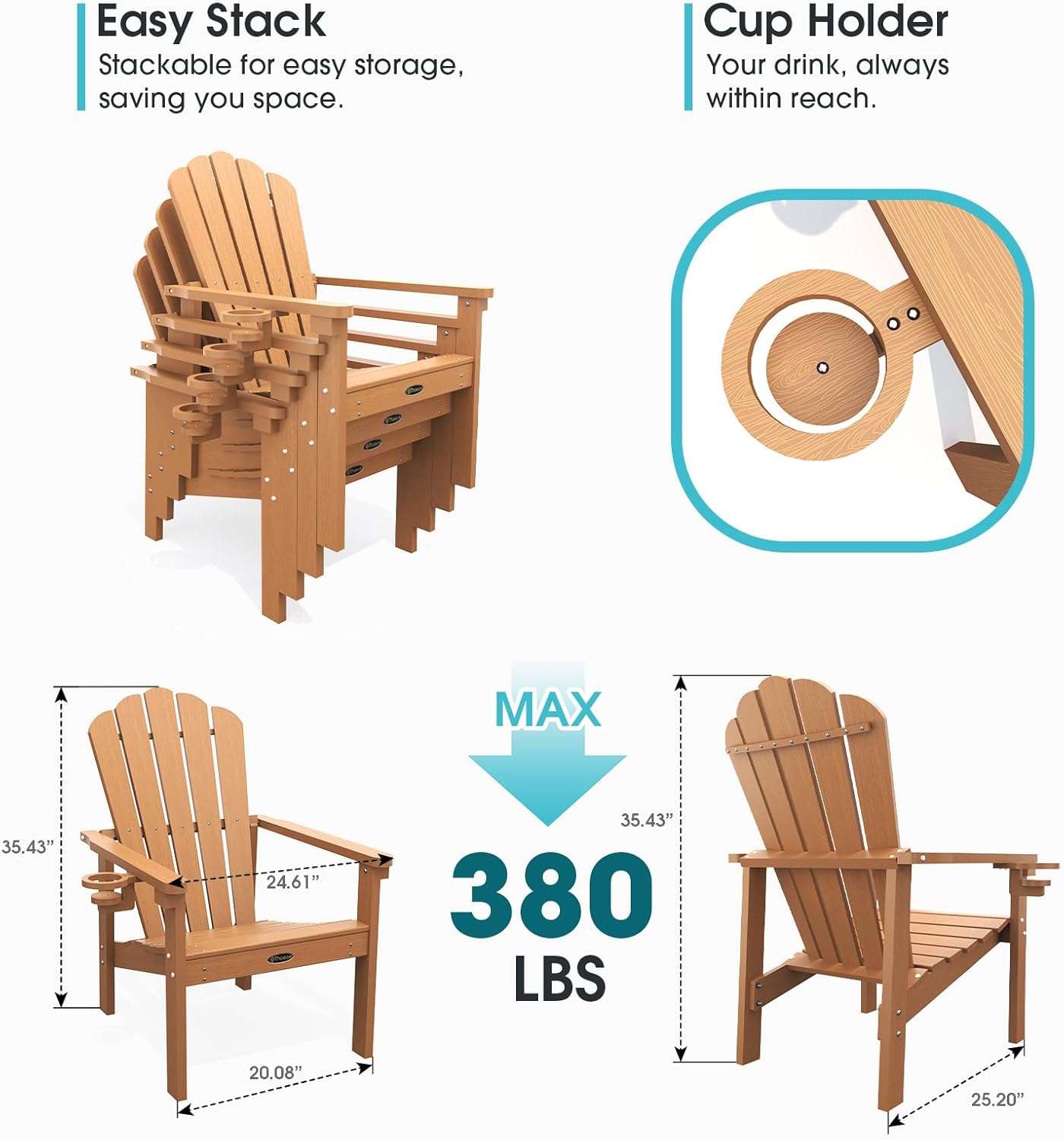 THOEOE Stackable Adirondack Chair Set of 2, HDPE All-Weather Adirondack Chairs - Durable and Space Saving, Plastic Outdoor Fire Pit Chairs with Cup Holder,Wood