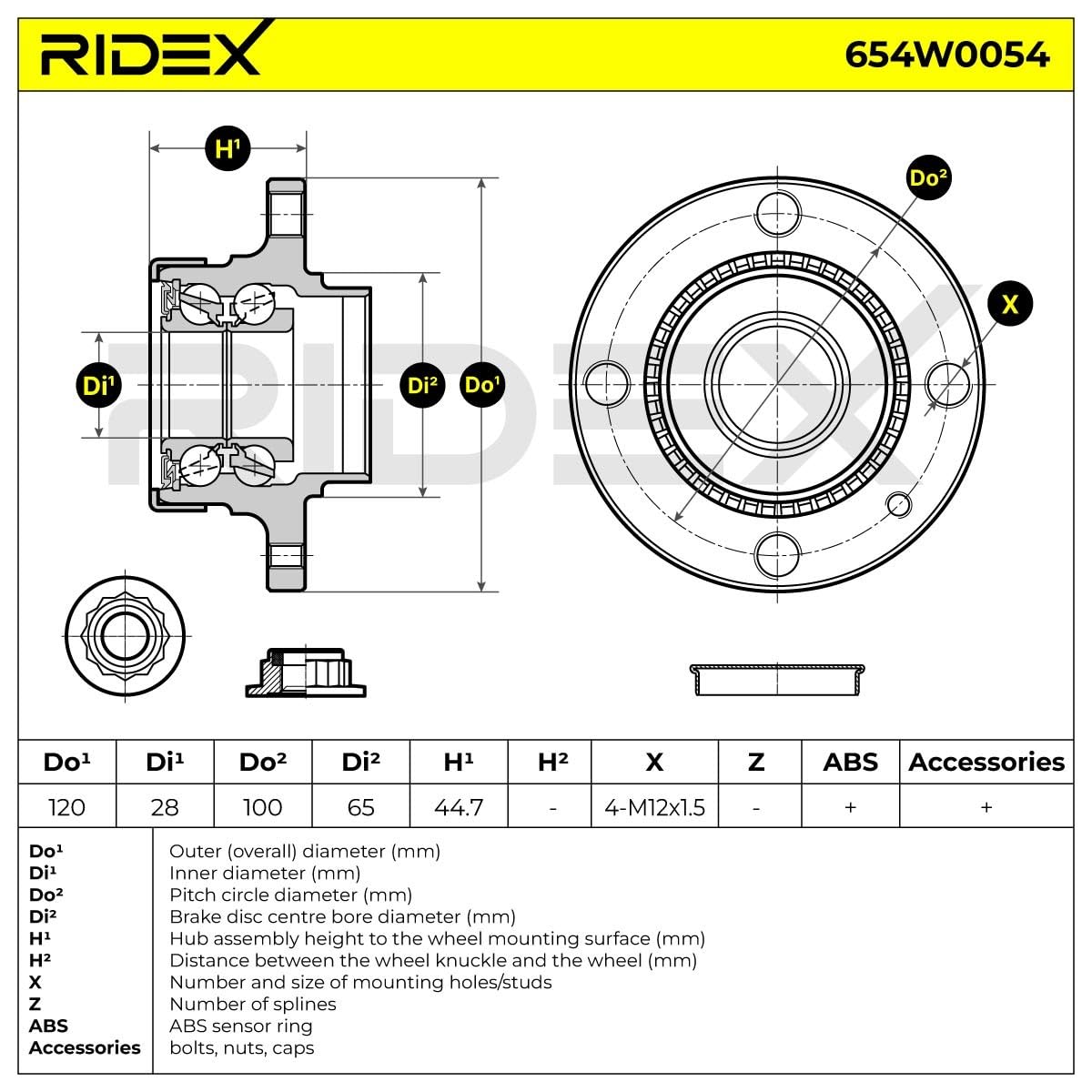 RIDEX 654W0054 Juego de cojinete de rueda Trasero ambos lados con buje de rueda con sensor ABS incorporado Compatible con VW Polo V Hatchback 6R1, 6C1