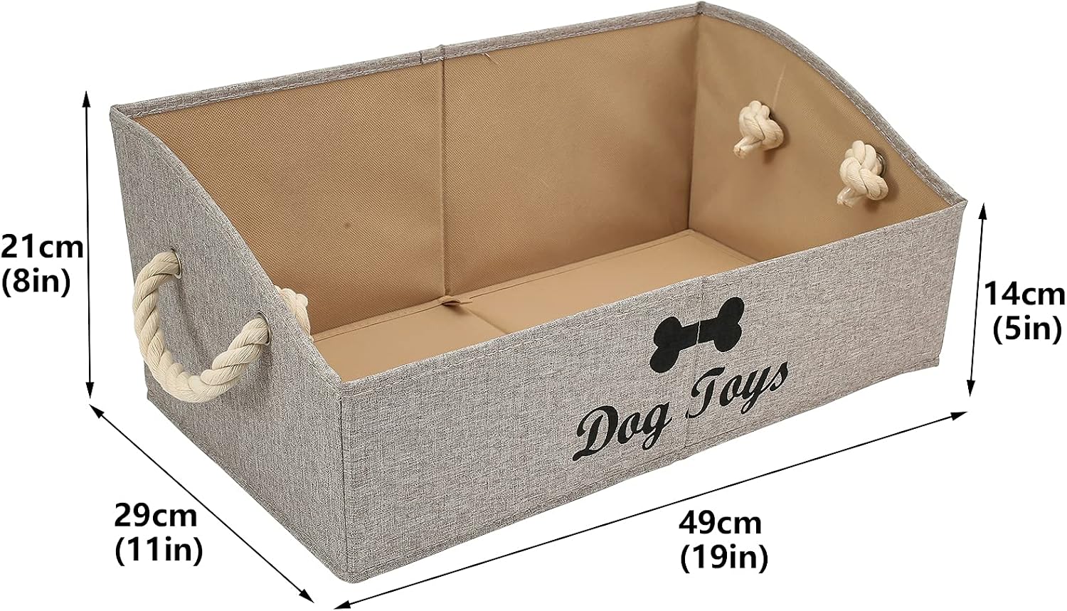 Geyecete Large Dog Toys Storage Bins - Foldable linen Trapezoid Organizer Boxes with weave Rope Handle, Collapsible Basket for Shelves (Light Brown-DOG)