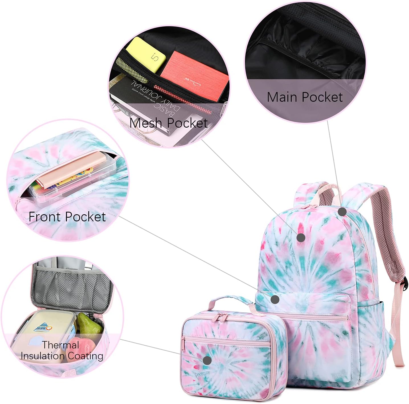 Abshoo Lightweight Tie Dye School Backpacks for Teen Girls Backpack with Lunch Bag (A Tie Dye)