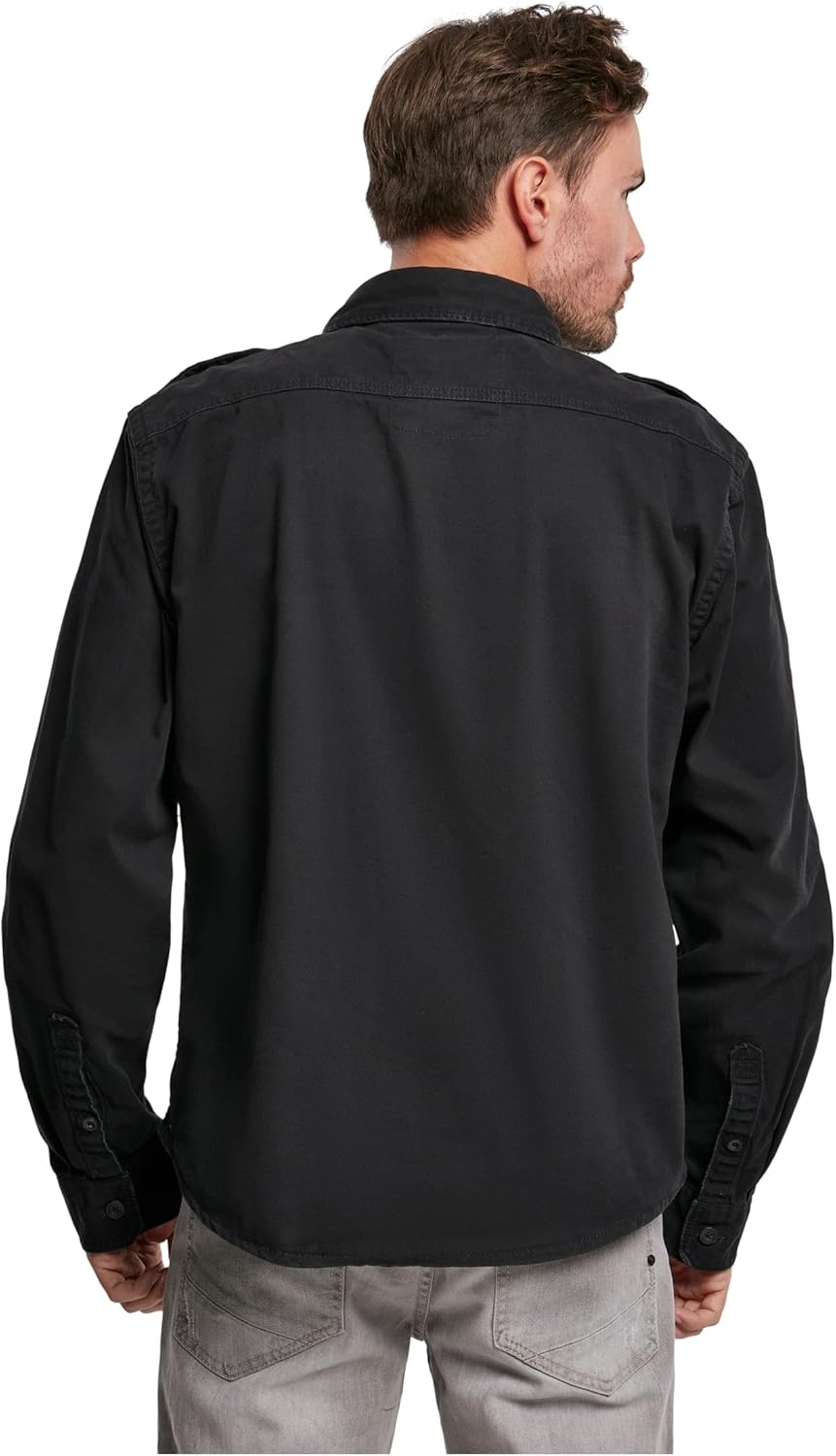 Brandit Individual Wear Men's Vintage Long Sleeve Shirt, with Button-Down Design, Front Pockets, Epaulettes, Raw Edges, Black - Large