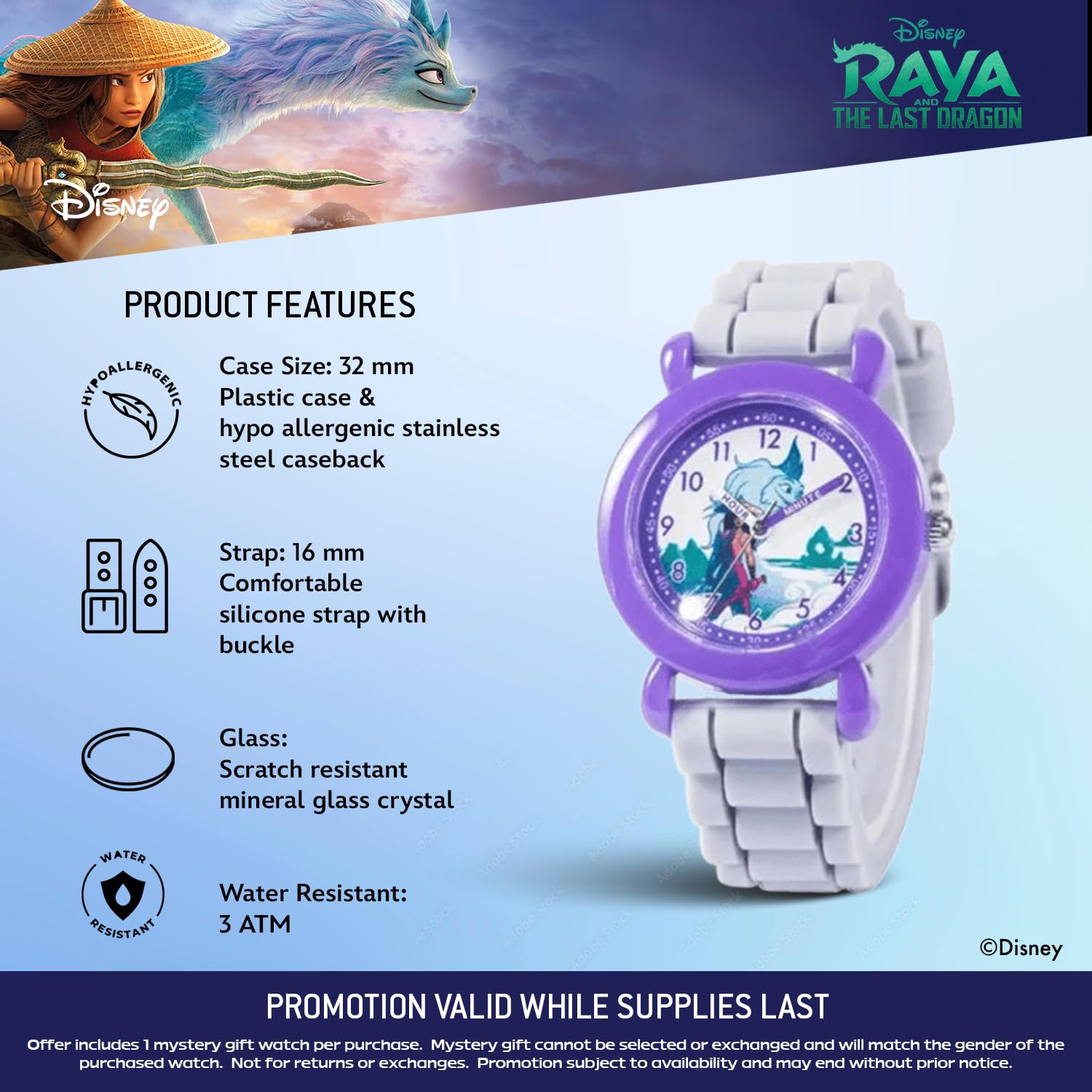 Disney Raya and The Last Dragon Orologio per bambini dai 3 ai 7 anni con quadrante con personaggi magici - Ottimo regalo per i giovani fan - Quadrante di facile lettura, lunetta viola e cinturino in