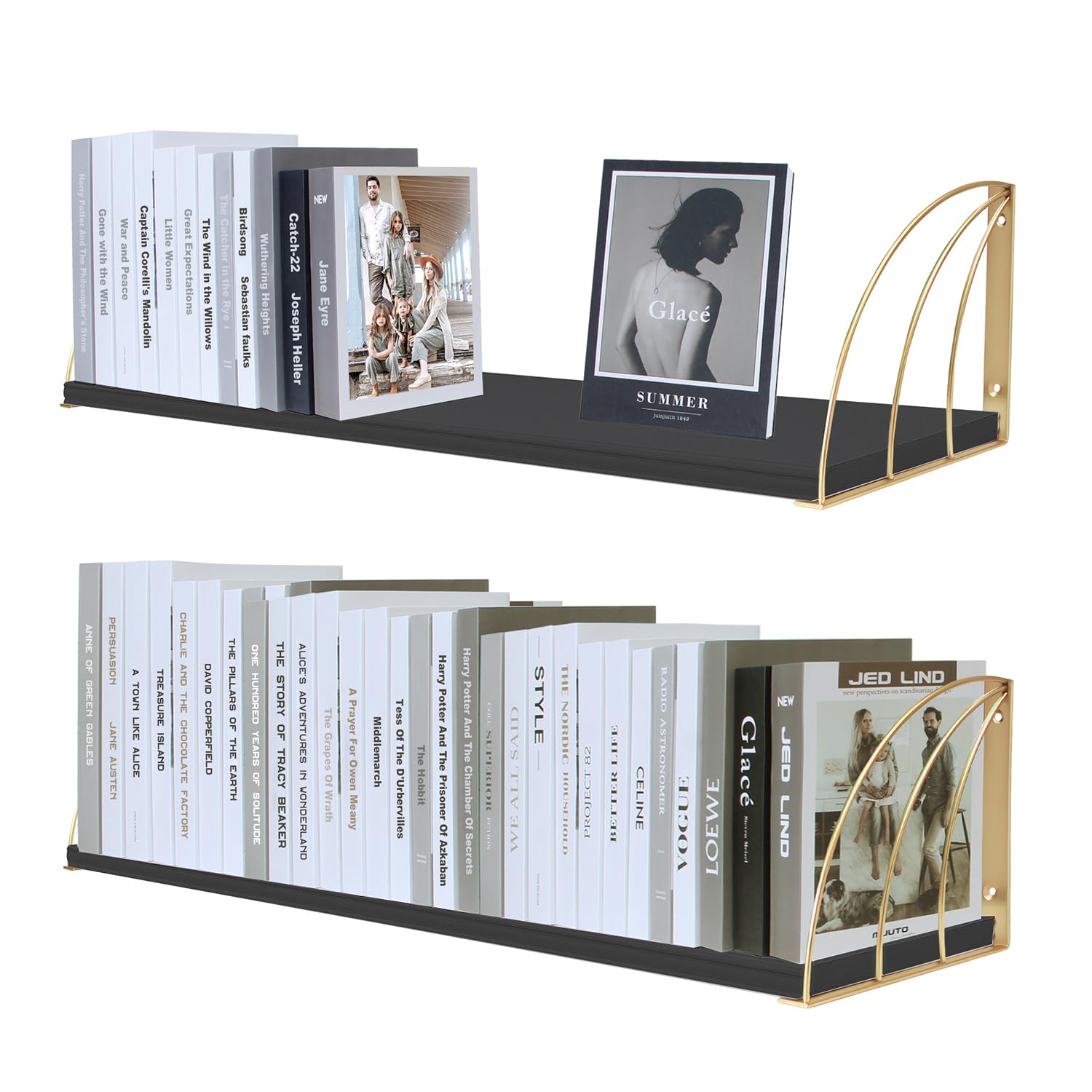 KDCMXS Wall Bookshelf Black Gold Floating Shelves Pine Wood Large 31.5×7.87 Inch Floating Bookshelf with Elegant Lines,Book Shelf for Wall,Black and