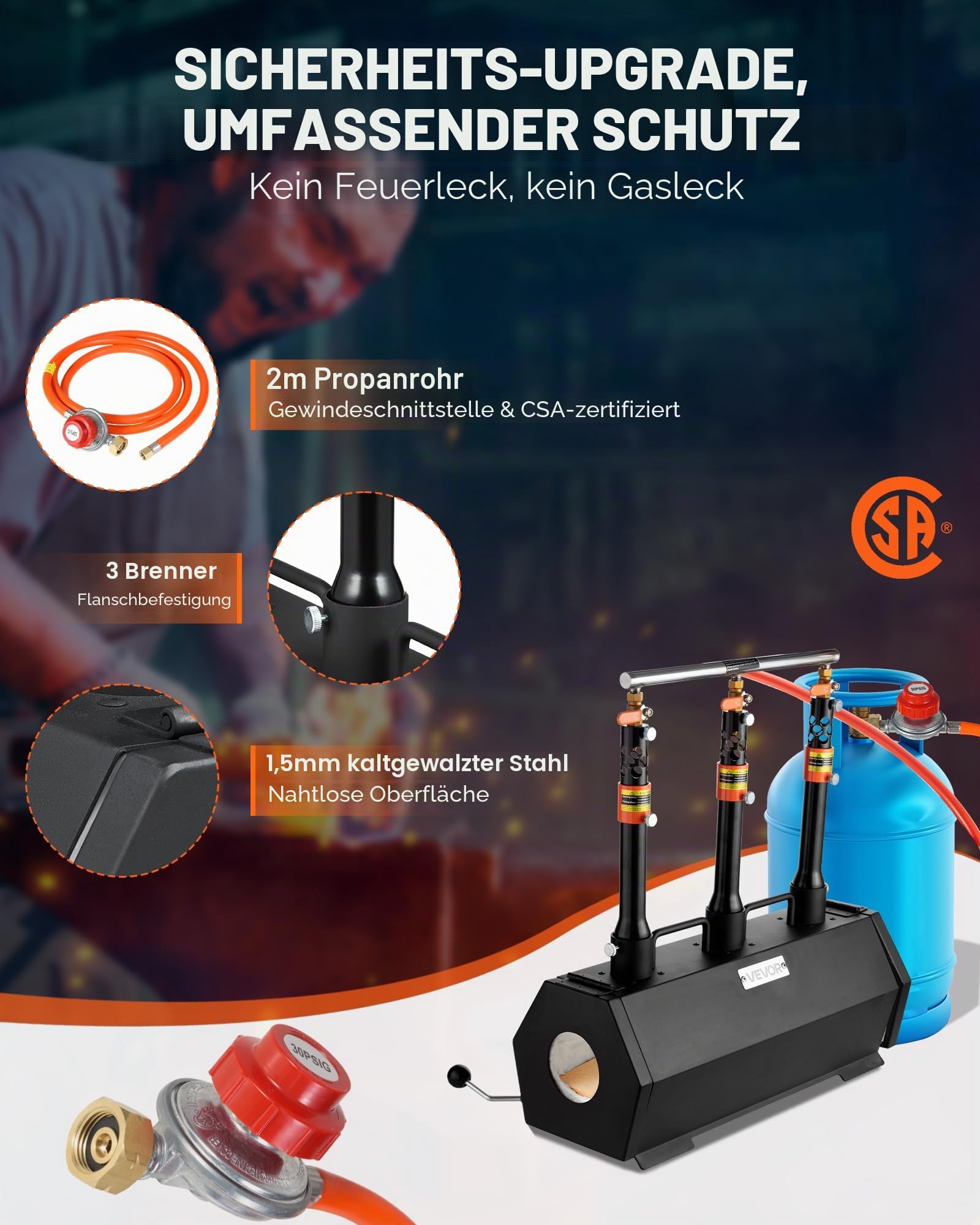 VEVOR Tragbares Propan-Gasschmiedegerät, Schmiedeofen mit 3 Brennern, zur Herstellung von Messern und Metallschmieden, Schmiedemessern, Schmiedemessern, maximale Temperatur von 1427 °C, sechseckig