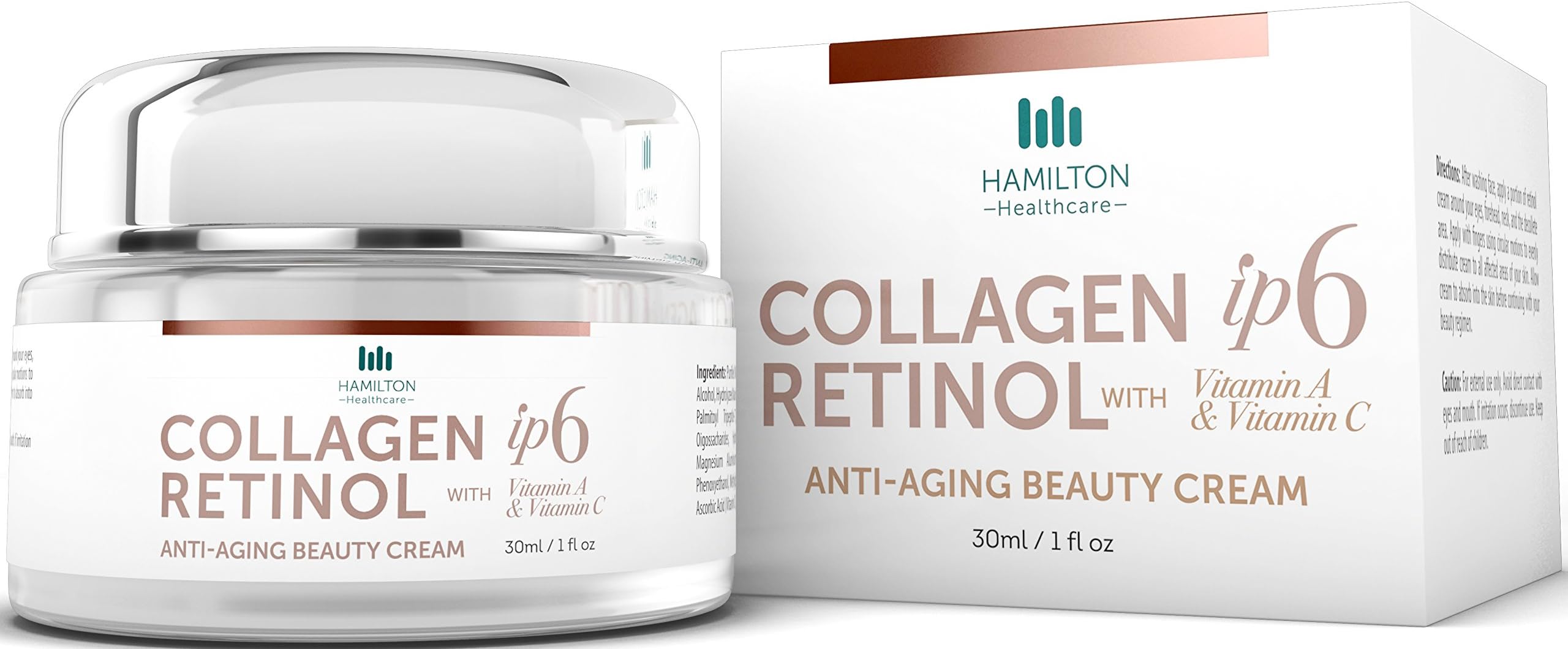 Collagen Retinol Anti-Aging Beauty Cream with iP6, Vitamin C, Vitamin A, Marine Collagen, 30ml / 1 fl oz Professional Formula with Clinically Tested Ingredients by Hamilton Healthcare
